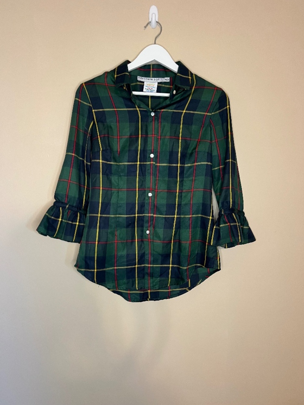 Gretchen Scott Women’s Green Plaid Ruffle Sleeve Button Down Top
